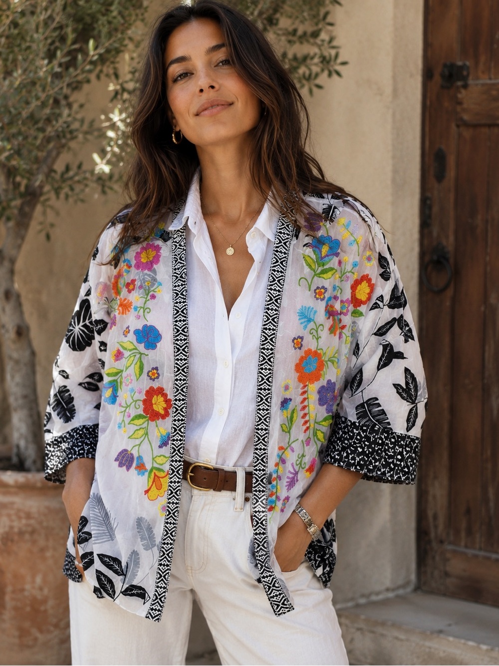 Open Front John Mark Embroidered Floral Kaftan Kimono Cardigan Size S MSRP $159